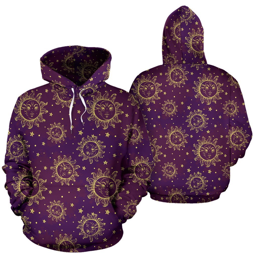 Sun Moon Star Design Themed Print Pullover Hoodie