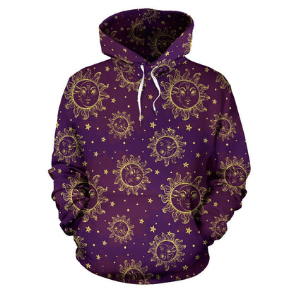 Sun Moon Star Design Themed Print Pullover Hoodie
