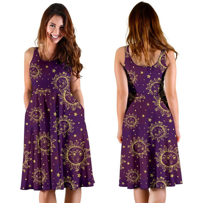 Sun Moon Star Design Themed Print Sleeveless Dress