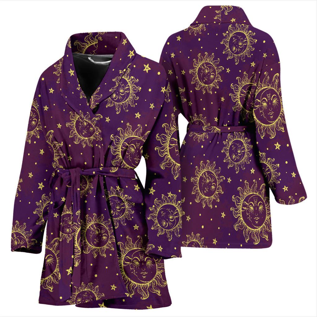 Sun Moon Star Design Themed Print Women Bath Robe-JTAMIGO.COM