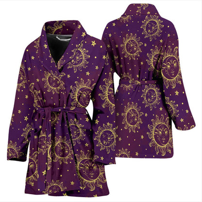 Sun Moon Star Design Themed Print Women Bath Robe-JTAMIGO.COM