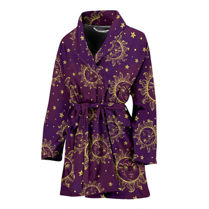 Sun Moon Star Design Themed Print Women Bath Robe-JTAMIGO.COM