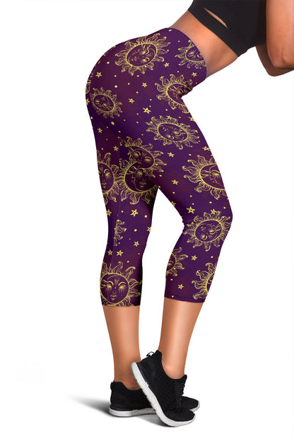 Sun Moon Star Design Themed Print Women Capris