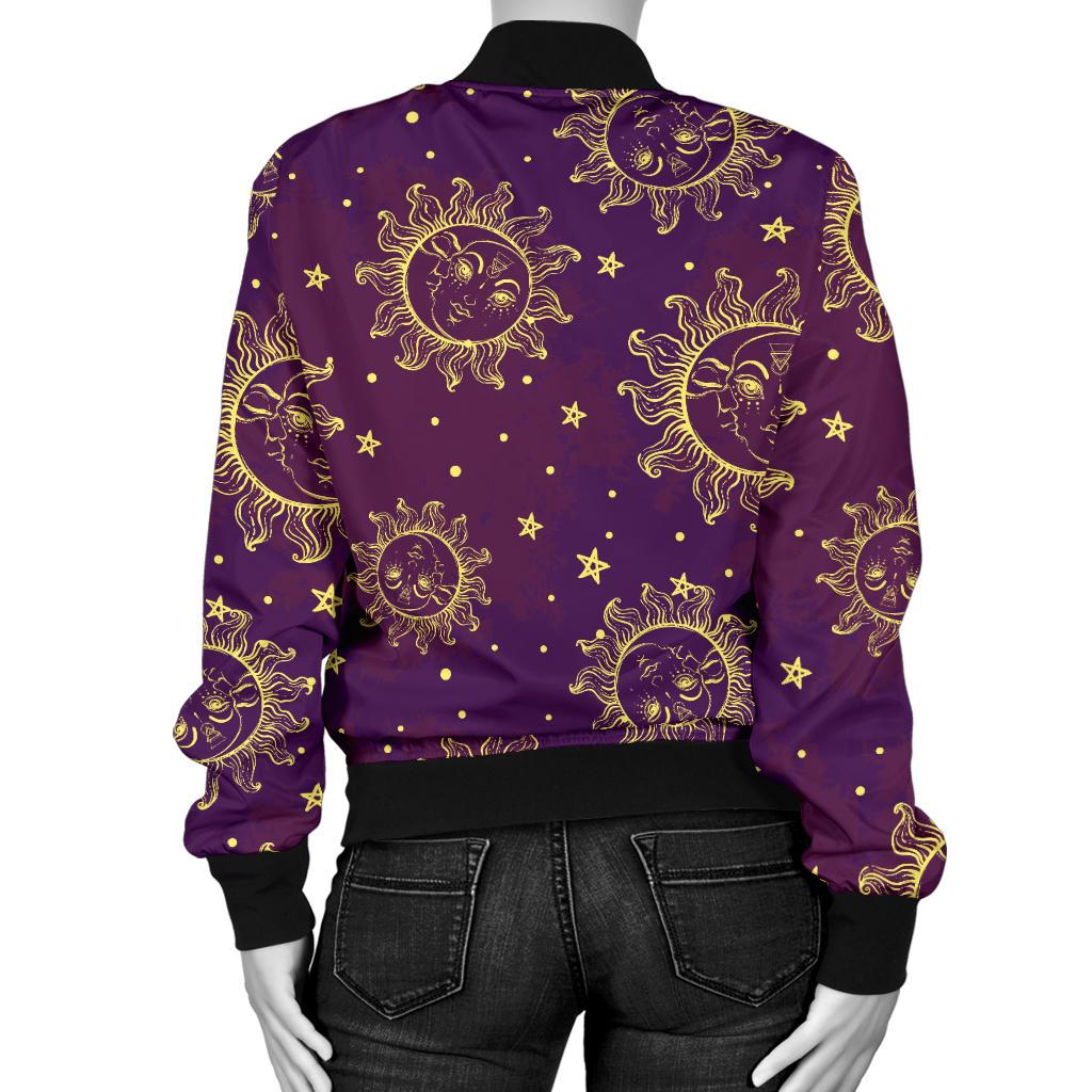 Sun Moon Star Design Themed Print Women Casual Bomber Jacket