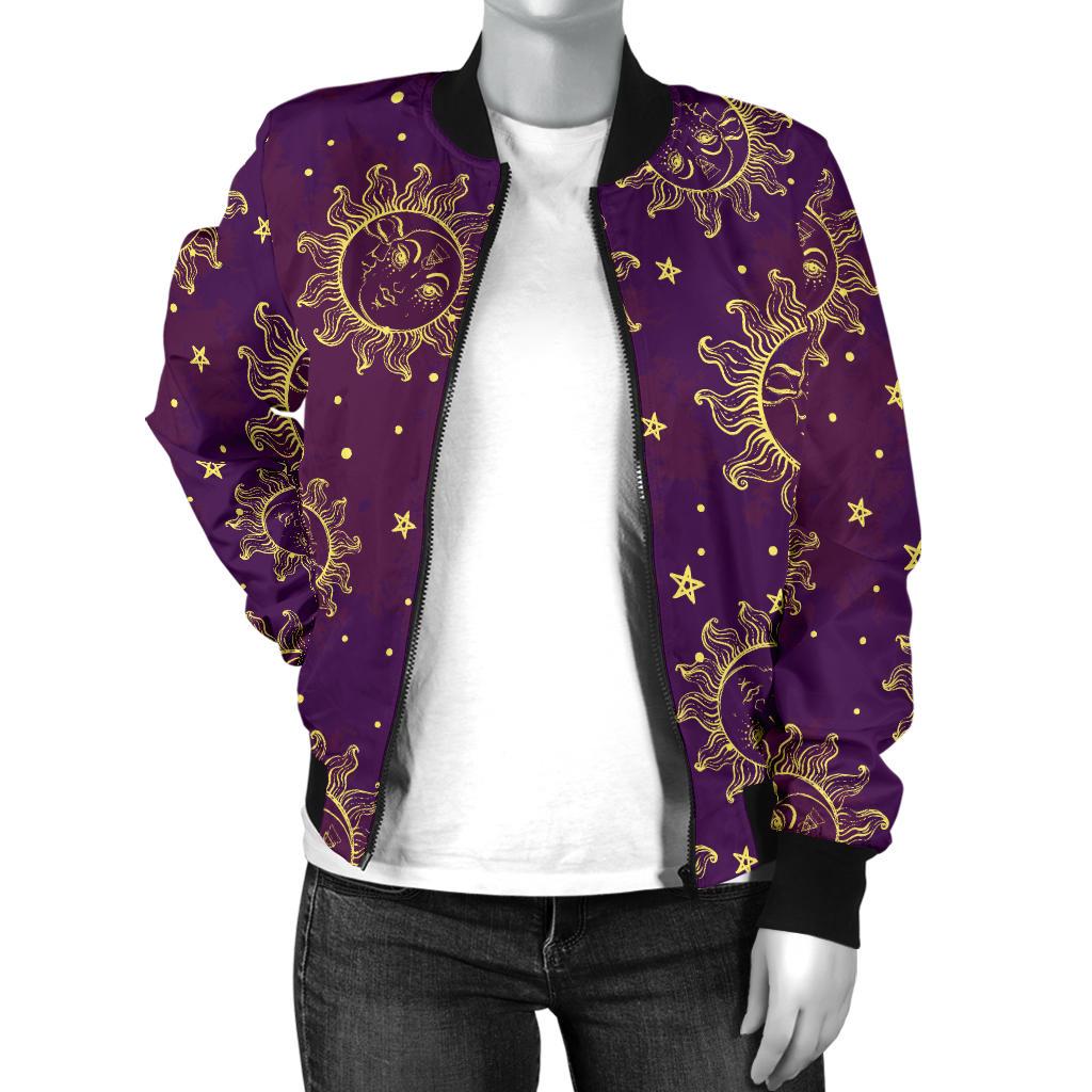 Sun Moon Star Design Themed Print Women Casual Bomber Jacket