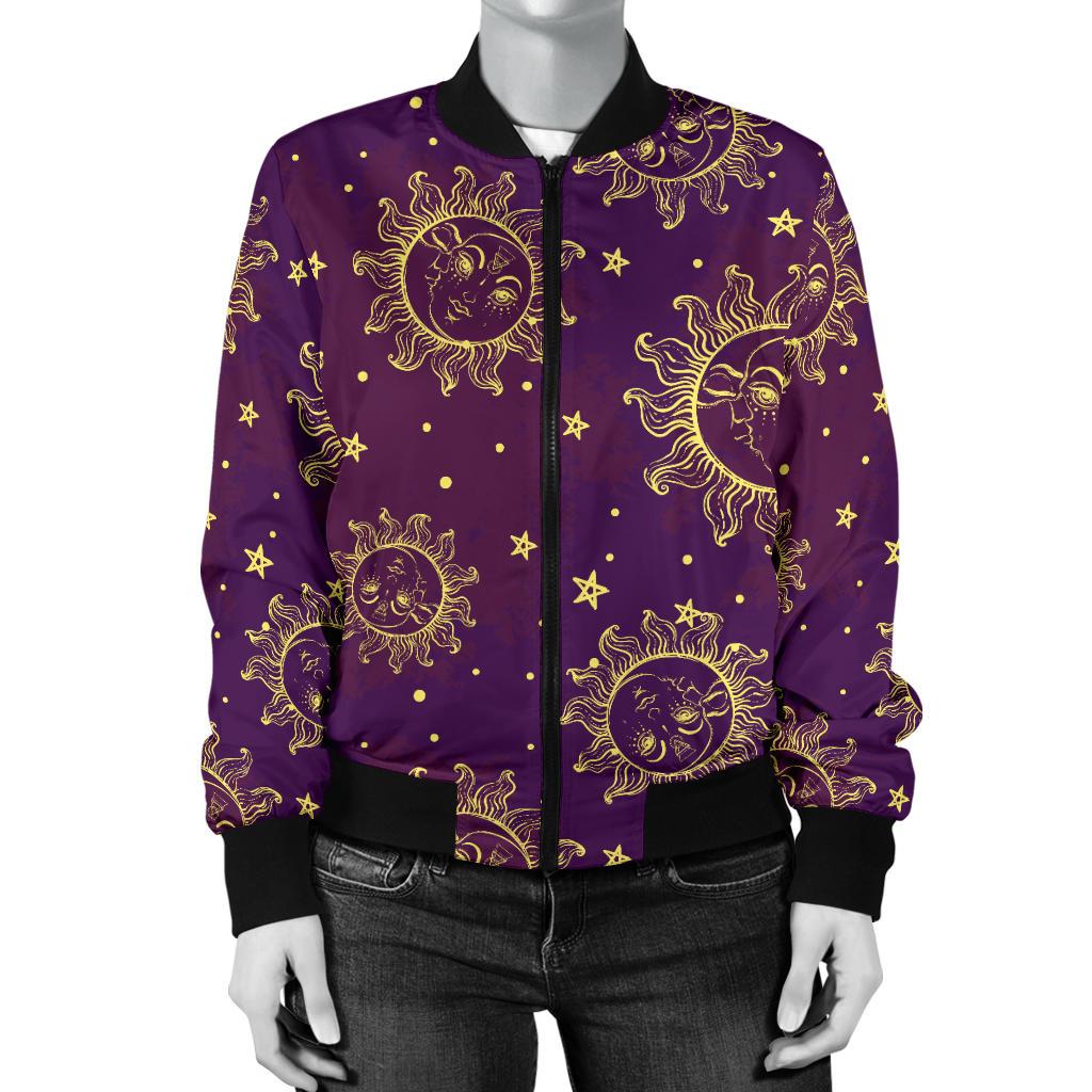 Sun Moon Star Design Themed Print Women Casual Bomber Jacket