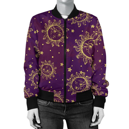 Sun Moon Star Design Themed Print Women Casual Bomber Jacket