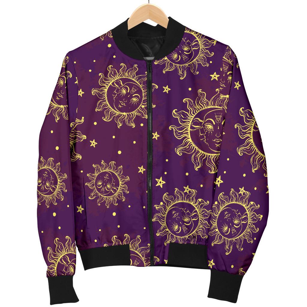 Sun Moon Star Design Themed Print Women Casual Bomber Jacket