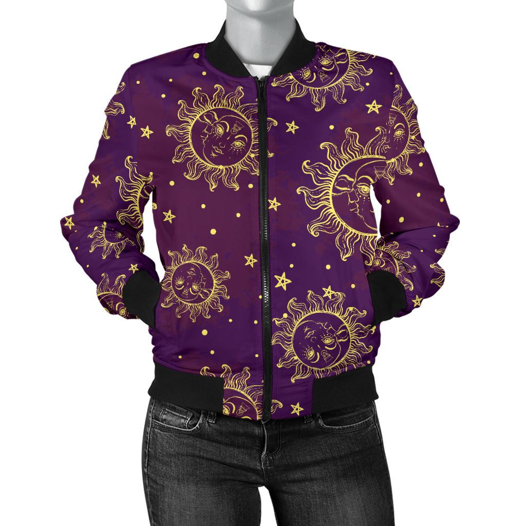 Sun Moon Star Design Themed Print Women Casual Bomber Jacket