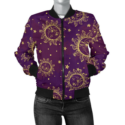 Sun Moon Star Design Themed Print Women Casual Bomber Jacket