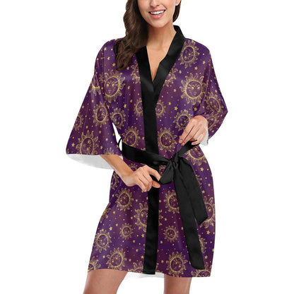Sun Moon Star Design Themed Print Women Short Kimono Robe