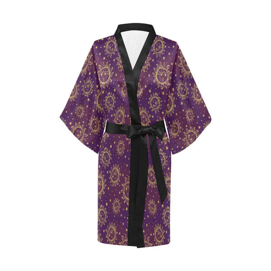 Sun Moon Star Design Themed Print Women Short Kimono Robe