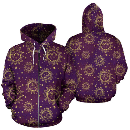 Sun Moon Star Design Themed Print Zip Up Hoodie