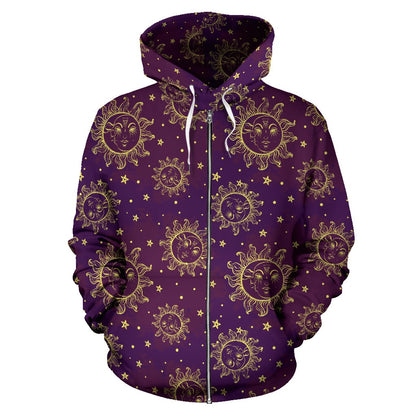 Sun Moon Star Design Themed Print Zip Up Hoodie