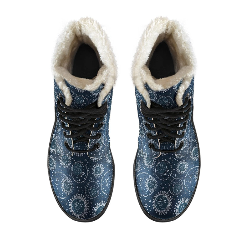 Sun Moon Tattoo Design Themed Print Faux Fur Leather Boots-JTAMIGO.COM
