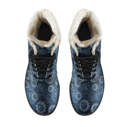 Sun Moon Tattoo Design Themed Print Faux Fur Leather Boots-JTAMIGO.COM