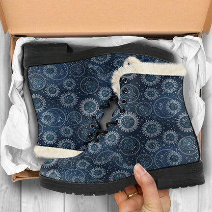 Sun Moon Tattoo Design Themed Print Faux Fur Leather Boots-JTAMIGO.COM