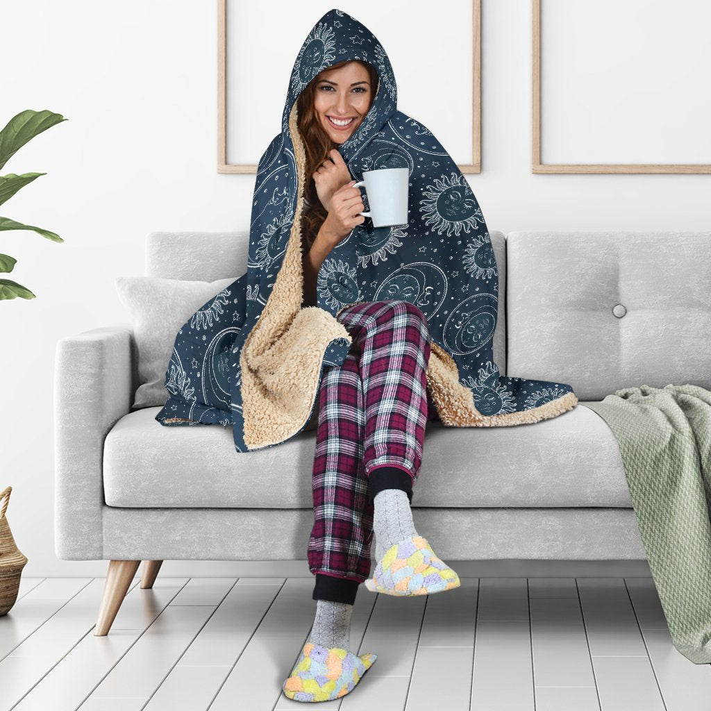 Sun Moon Tattoo Design Themed Print Hooded Blanket-JTAMIGO.COM