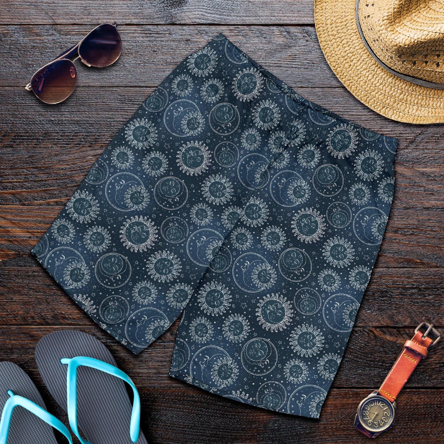 Sun Moon Tattoo Design Themed Print Mens Shorts-JTAMIGO.COM