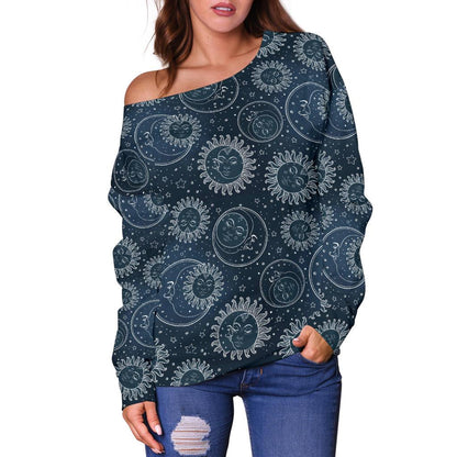Sun Moon Tattoo Design Themed Print Off Shoulder Sweatshirt