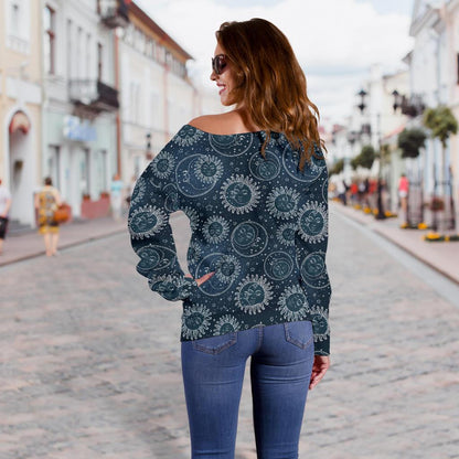 Sun Moon Tattoo Design Themed Print Off Shoulder Sweatshirt