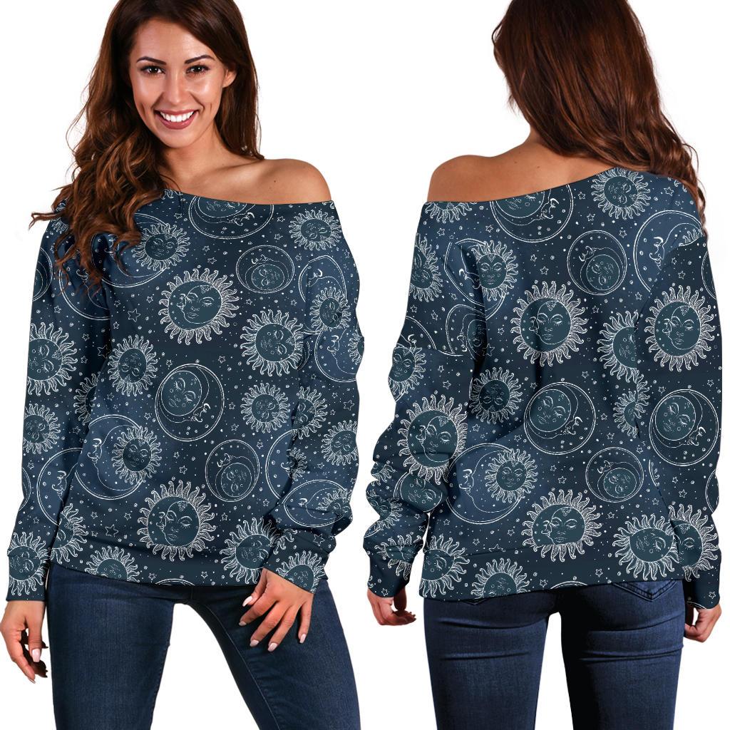 Sun Moon Tattoo Design Themed Print Off Shoulder Sweatshirt