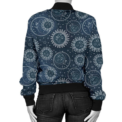 Sun Moon Tattoo Design Themed Print Women Casual Bomber Jacket