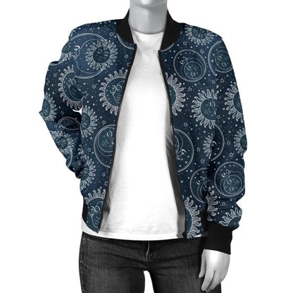 Sun Moon Tattoo Design Themed Print Women Casual Bomber Jacket
