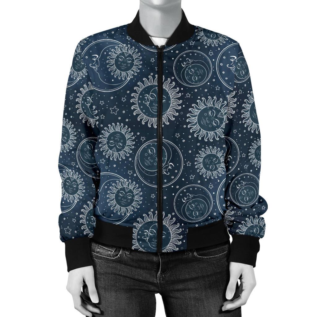 Sun Moon Tattoo Design Themed Print Women Casual Bomber Jacket