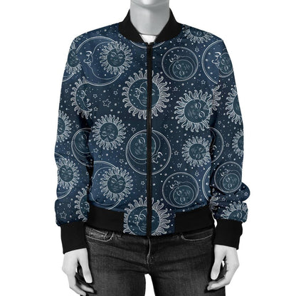Sun Moon Tattoo Design Themed Print Women Casual Bomber Jacket