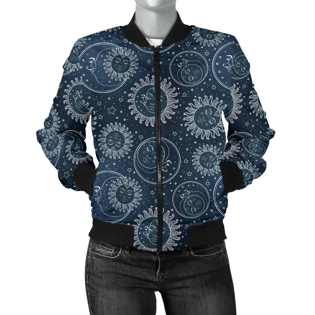 Sun Moon Tattoo Design Themed Print Women Casual Bomber Jacket