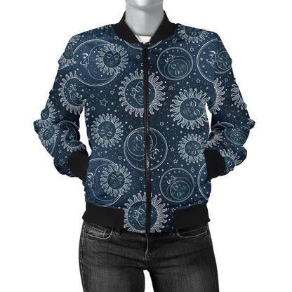 Sun Moon Tattoo Design Themed Print Women Casual Bomber Jacket
