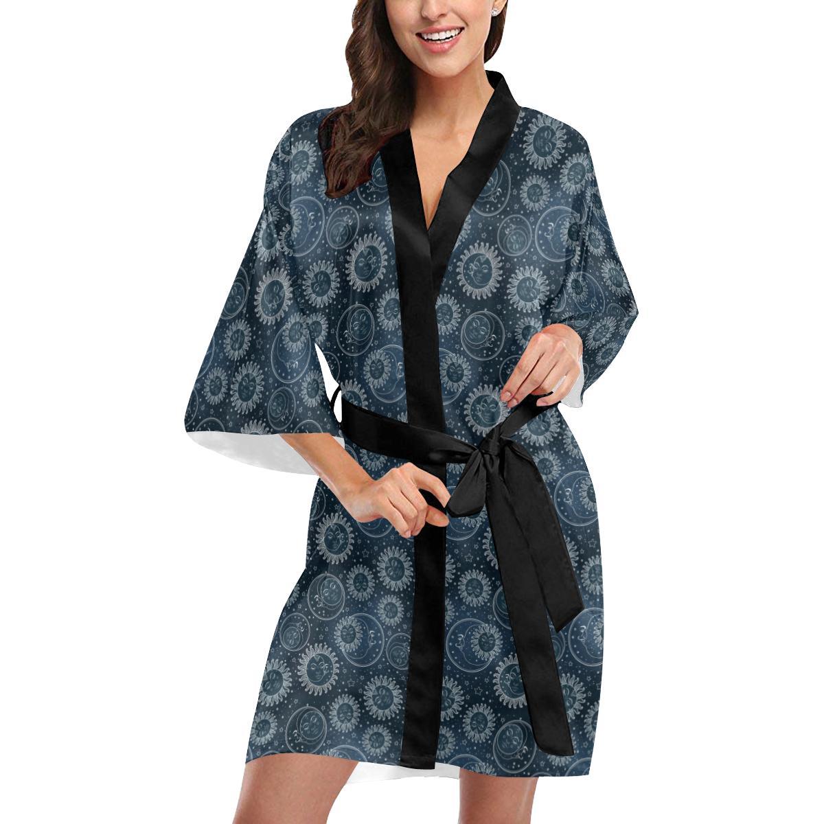 Sun Moon Tattoo Design Themed Print Women Short Kimono Robe