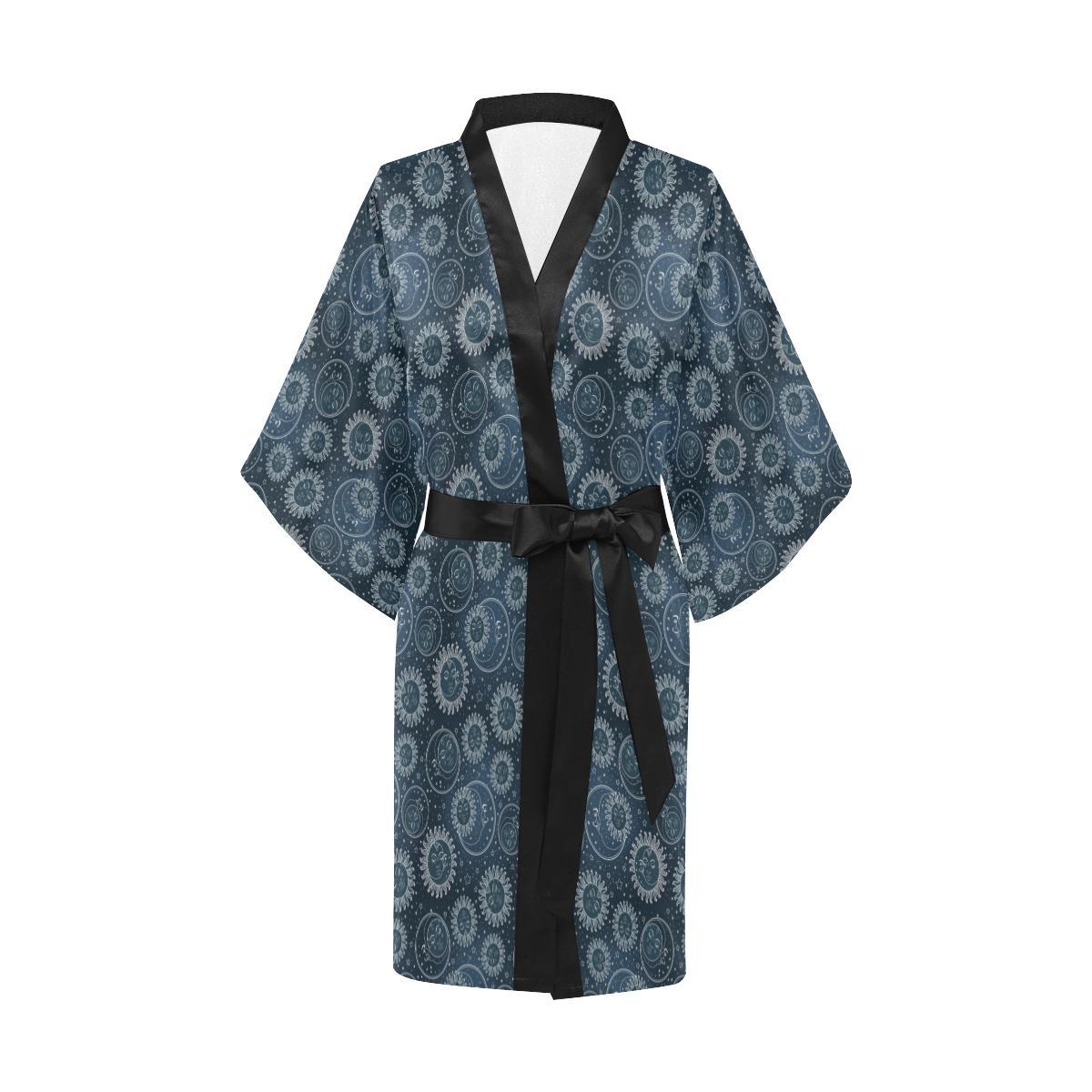 Sun Moon Tattoo Design Themed Print Women Short Kimono Robe