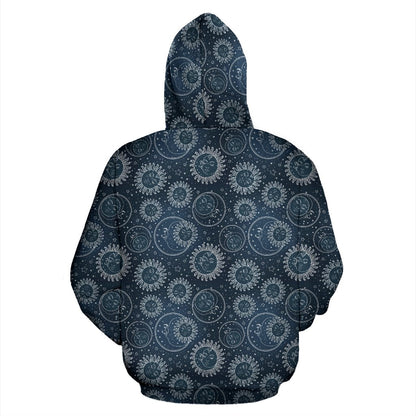 Sun Moon Tattoo Design Themed Print Zip Up Hoodie
