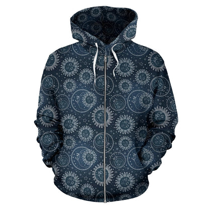 Sun Moon Tattoo Design Themed Print Zip Up Hoodie