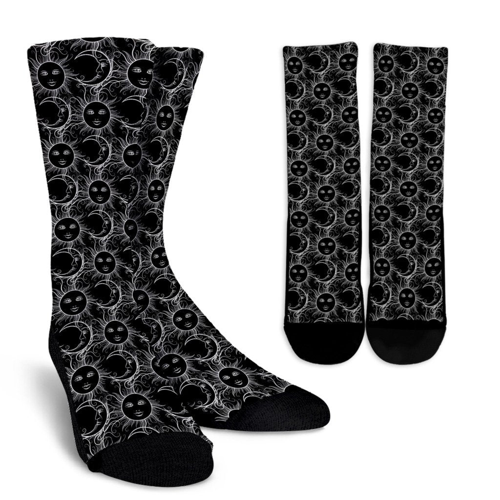 Sun Moon White Design Themed Print Crew Socks