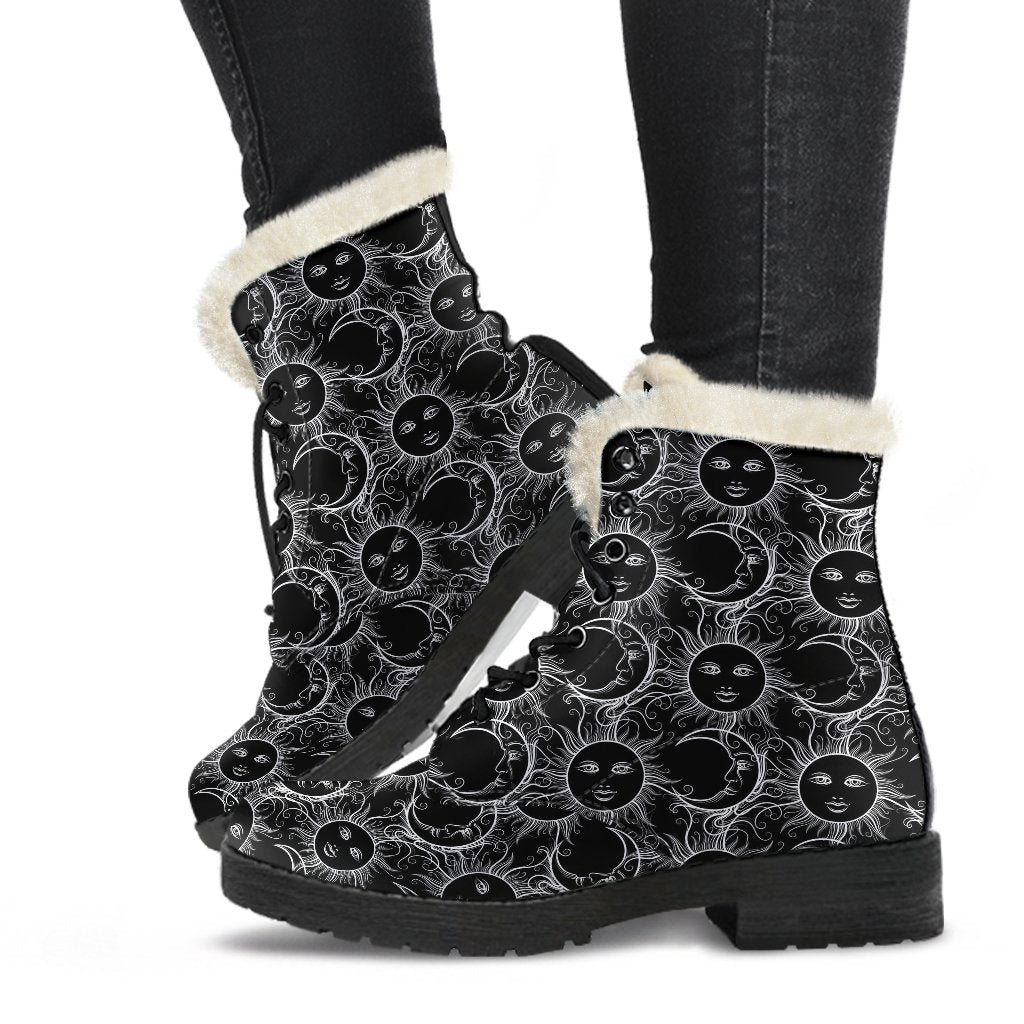 Sun Moon White Design Themed Print Faux Fur Leather Boots-JTAMIGO.COM