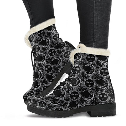 Sun Moon White Design Themed Print Faux Fur Leather Boots-JTAMIGO.COM