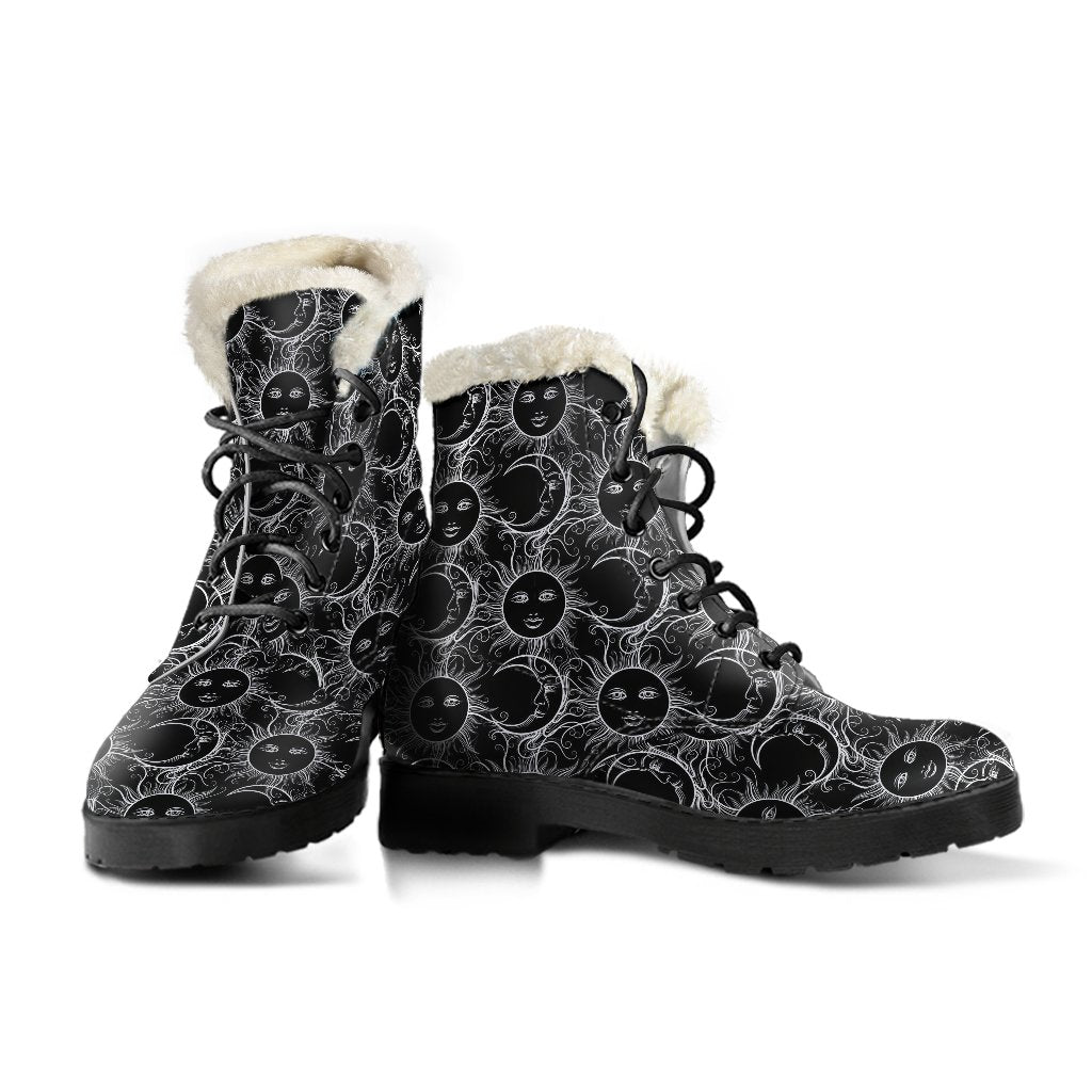 Sun Moon White Design Themed Print Faux Fur Leather Boots-JTAMIGO.COM