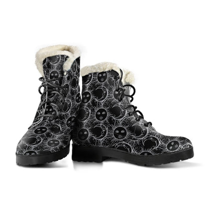 Sun Moon White Design Themed Print Faux Fur Leather Boots-JTAMIGO.COM