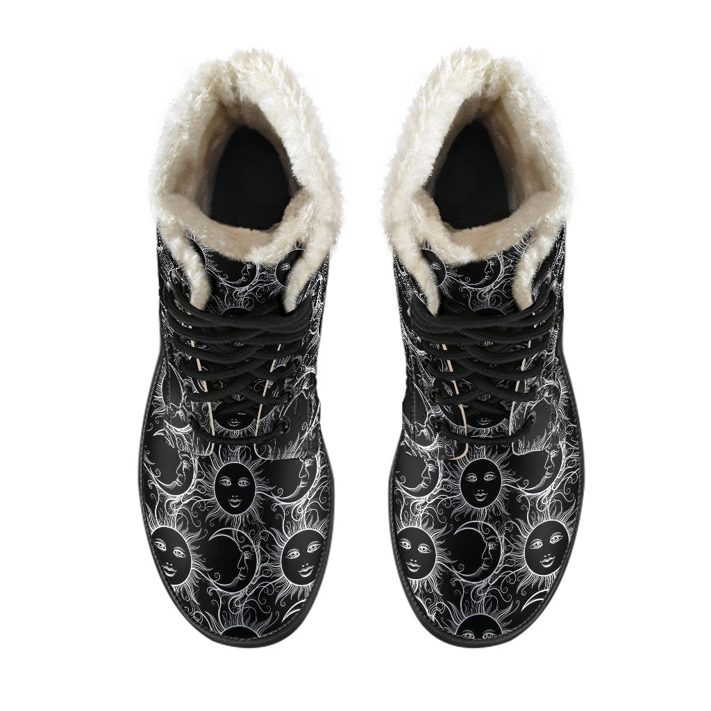 Sun Moon White Design Themed Print Faux Fur Leather Boots-JTAMIGO.COM
