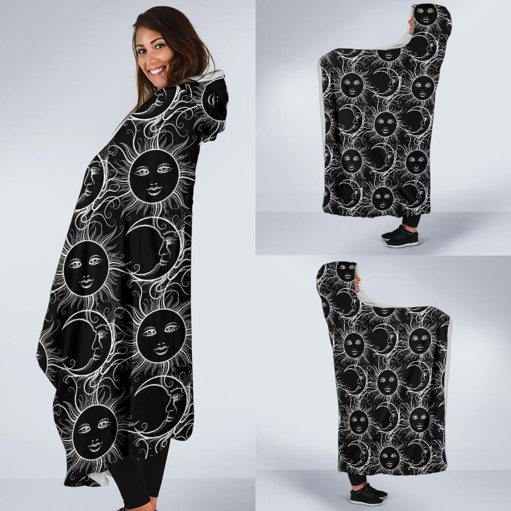 Sun Moon White Design Themed Print Hooded Blanket-JTAMIGO.COM