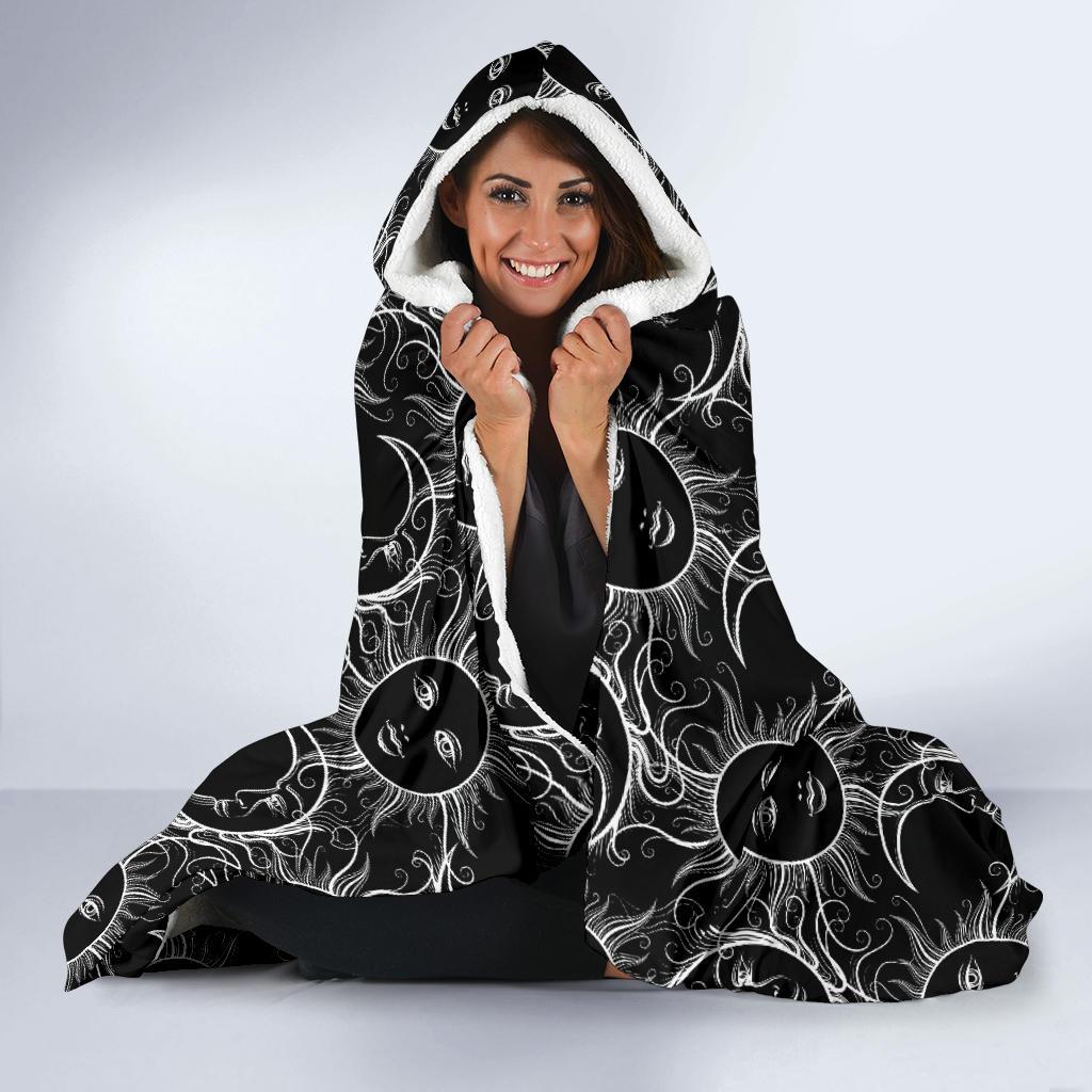 Sun Moon White Design Themed Print Hooded Blanket-JTAMIGO.COM