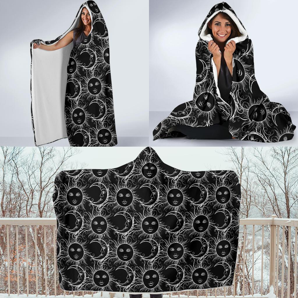 Sun Moon White Design Themed Print Hooded Blanket-JTAMIGO.COM
