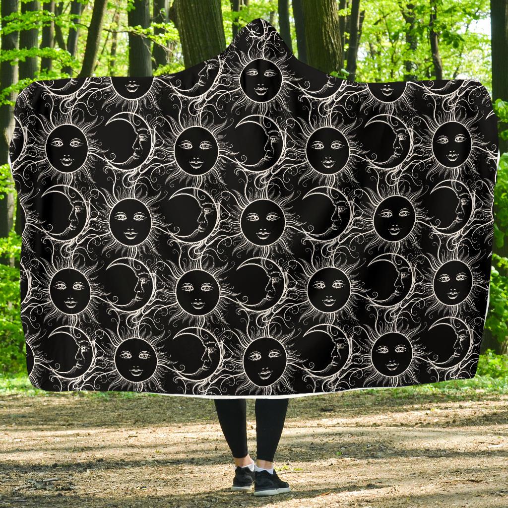 Sun Moon White Design Themed Print Hooded Blanket-JTAMIGO.COM