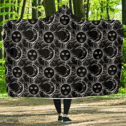 Sun Moon White Design Themed Print Hooded Blanket-JTAMIGO.COM