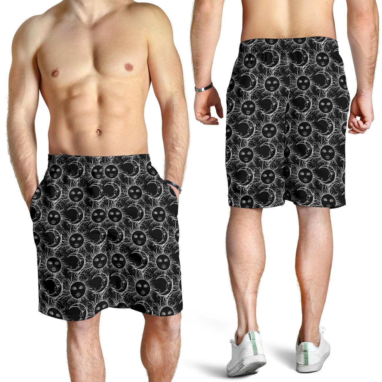 Sun Moon White Design Themed Print Mens Shorts-JTAMIGO.COM