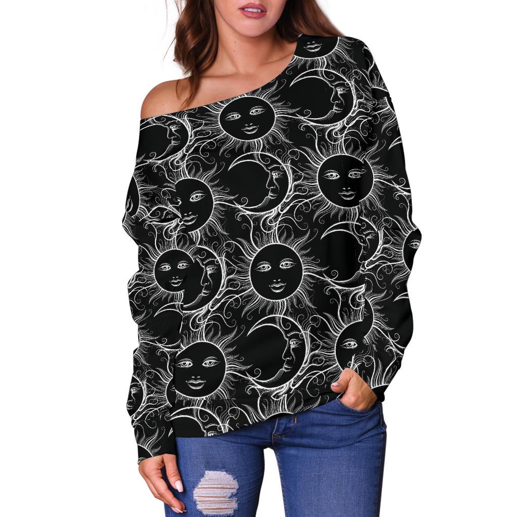 Sun Moon White Design Themed Print Off Shoulder Sweatshirt