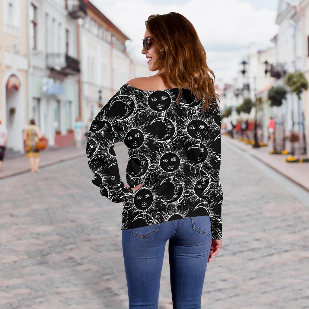 Sun Moon White Design Themed Print Off Shoulder Sweatshirt